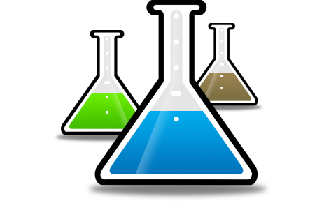 Cartoon image of three laboratory flasks filled with colored liquid